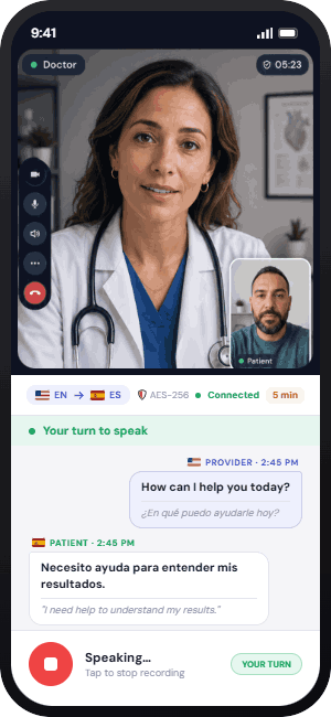 MediMic.Ai telehealth session screen showing a clinician and patient connected by video