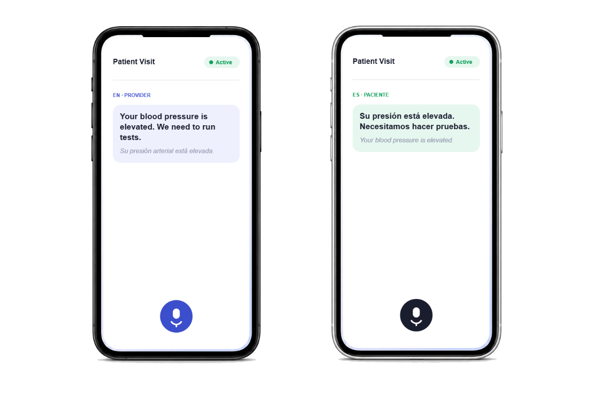 Two phones showing the same MediMic session — provider side in English, patient side mirrored in Spanish