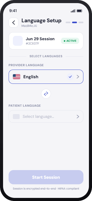 MediMic.Ai language setup screen