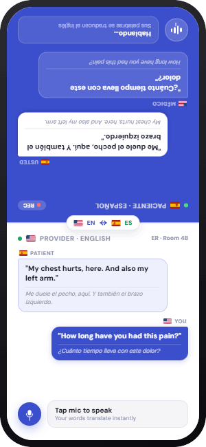 MediMic.Ai shared-device live session, split-screen conversation